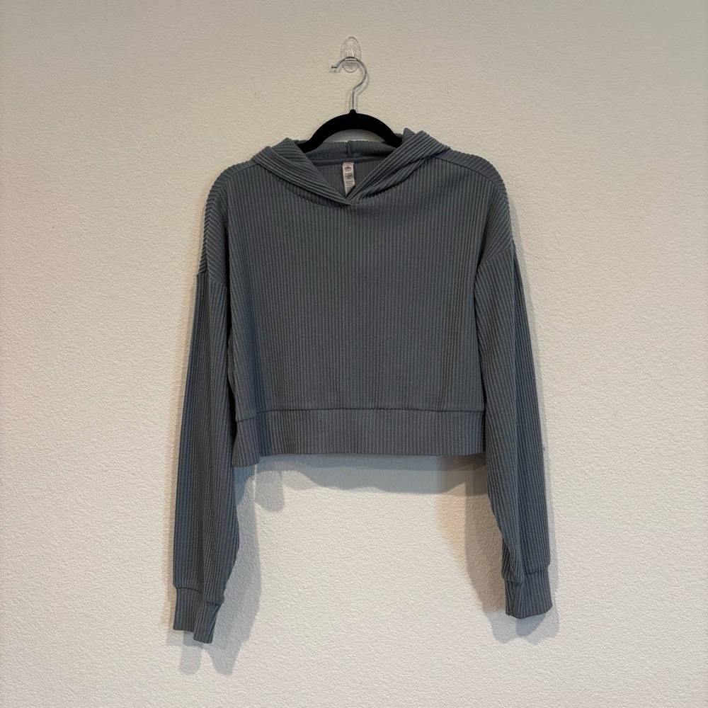 Cropped Ribbed Hoodie Sweater - Gray - Picture 2 of 9
